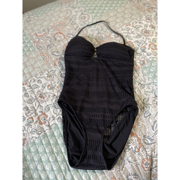 Lauren Ralph Lauren Women's black crochet bandeau swimsuit 8 vacation beach Swim - Picture 1 of 16